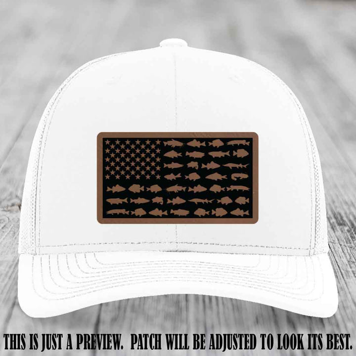 Stars & Stripes Angler 🇺🇸🐟 Dark Brown to Black Patch Leather Patch Richardson 112 Hat on White Hat