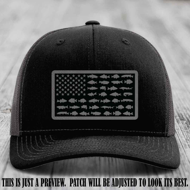 Stars & Stripes Angler 🇺🇸🐟 Grey to Black Patch Leather Patch Richardson 112 Hat on Black to Charcoal Hat