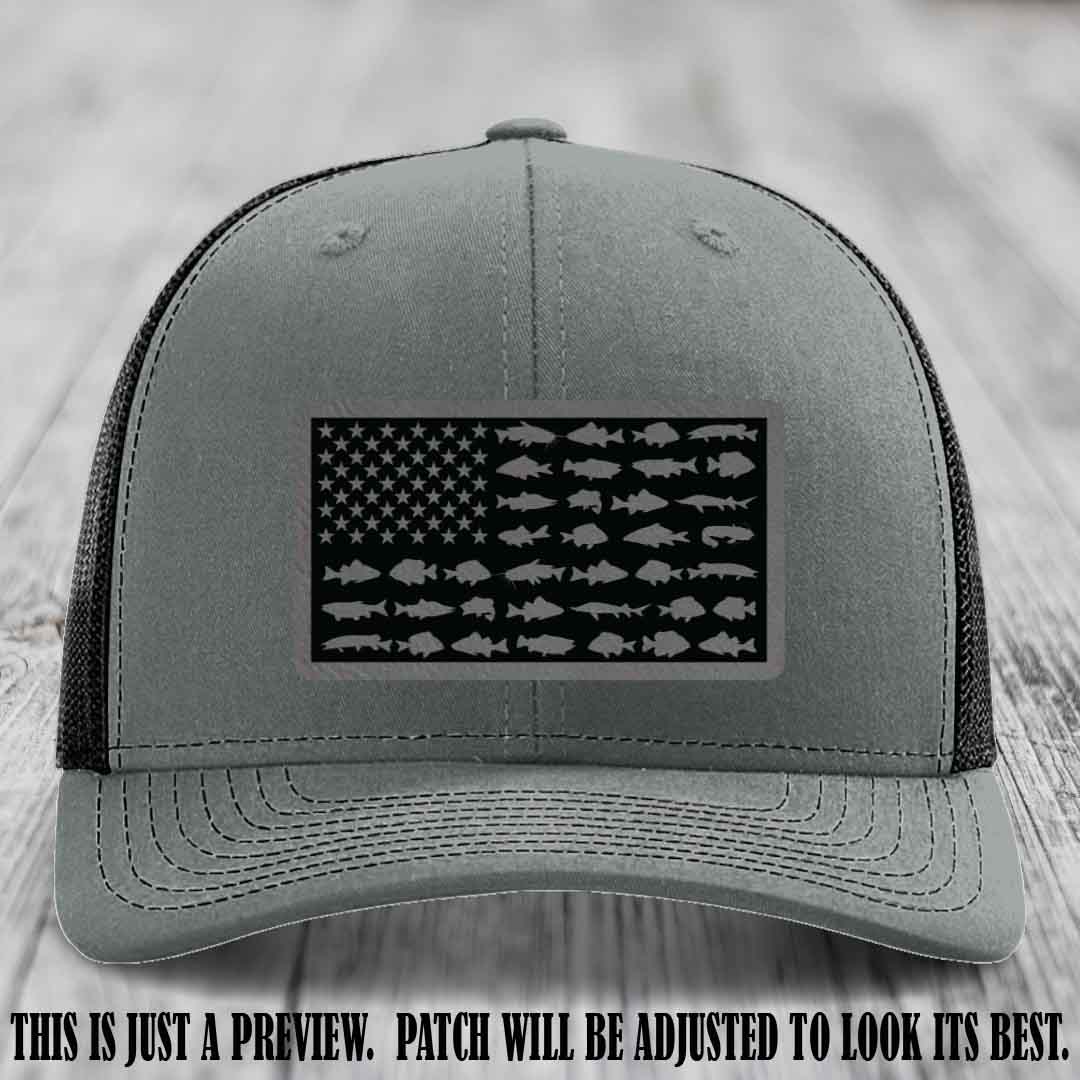 Stars & Stripes Angler 🇺🇸🐟 Grey to Black Patch Leather Patch Richardson 112 Hat on Heather Grey to Black Hat