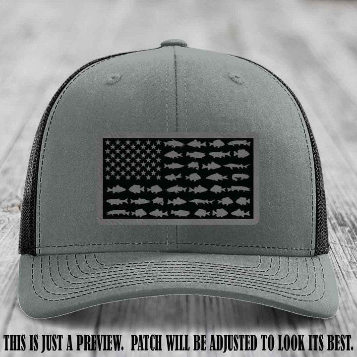 Stars & Stripes Angler 🇺🇸🐟 Grey to Black Patch Leather Patch Richardson 112 Hat on Heather Grey to Black Hat