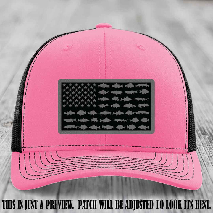 Stars & Stripes Angler 🇺🇸🐟 Grey to Black Patch Leather Patch Richardson 112 Hat on Hot Pink to Black Hat