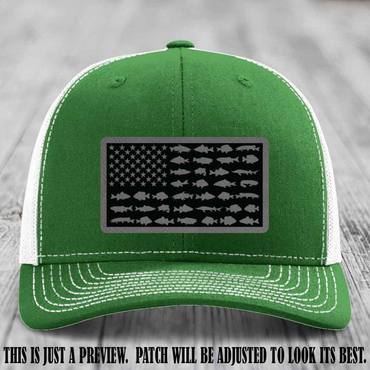 Stars & Stripes Angler 🇺🇸🐟 Grey to Black Patch Leather Patch Richardson 112 Hat on Kelly to White Hat