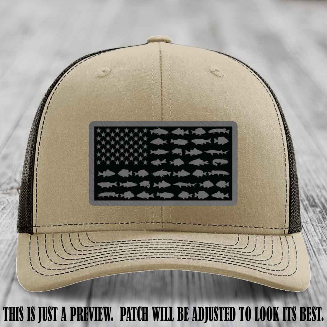 Stars & Stripes Angler 🇺🇸🐟 Grey to Black Patch Leather Patch Richardson 112 Hat on Khaki to Coffee Hat