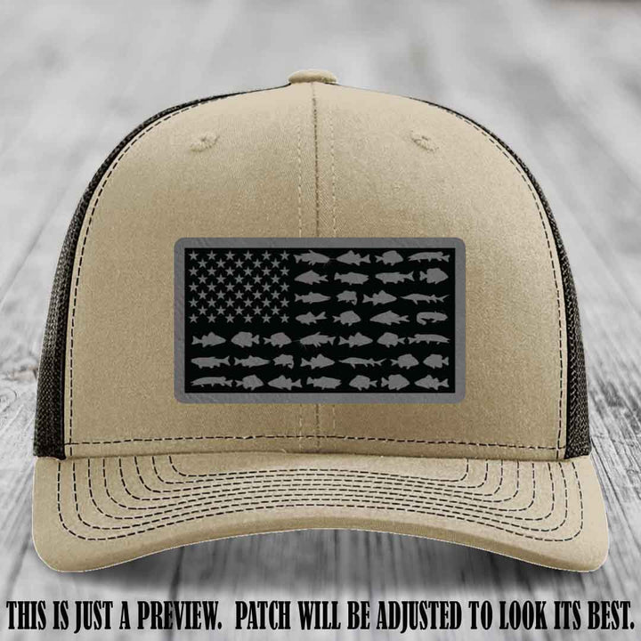 Stars & Stripes Angler 🇺🇸🐟 Grey to Black Patch Leather Patch Richardson 112 Hat on Khaki to Coffee Hat