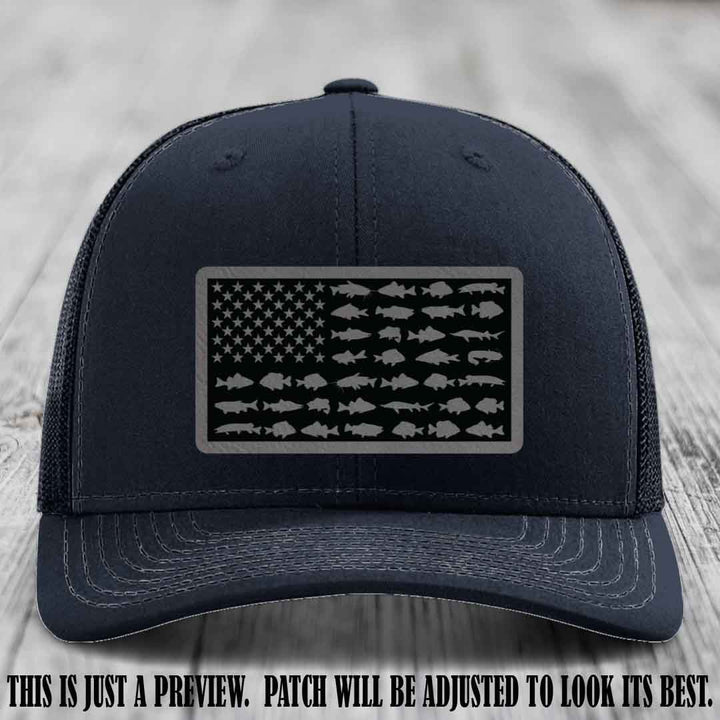 Stars & Stripes Angler 🇺🇸🐟 Grey to Black Patch Leather Patch Richardson 112 Hat on Navy Hat