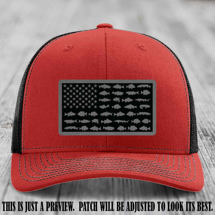 Stars & Stripes Angler 🇺🇸🐟 Grey to Black Patch Leather Patch Richardson 112 Hat on Red to Black Hat