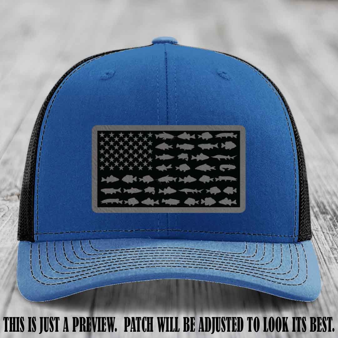 Stars & Stripes Angler 🇺🇸🐟 Grey to Black Patch Leather Patch Richardson 112 Hat on Royal to Black Hat