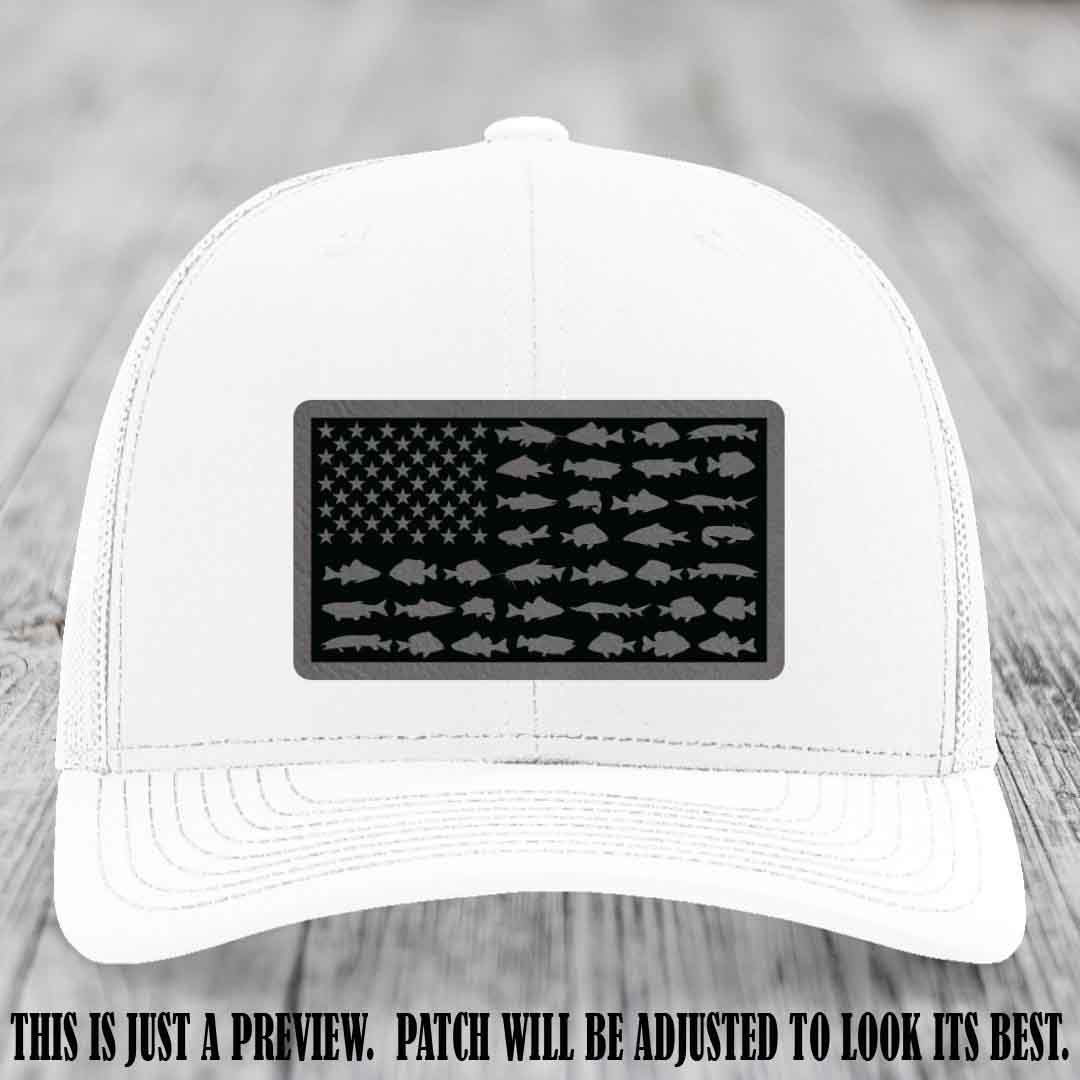 Stars & Stripes Angler 🇺🇸🐟 Grey to Black Patch Leather Patch Richardson 112 Hat on White Hat