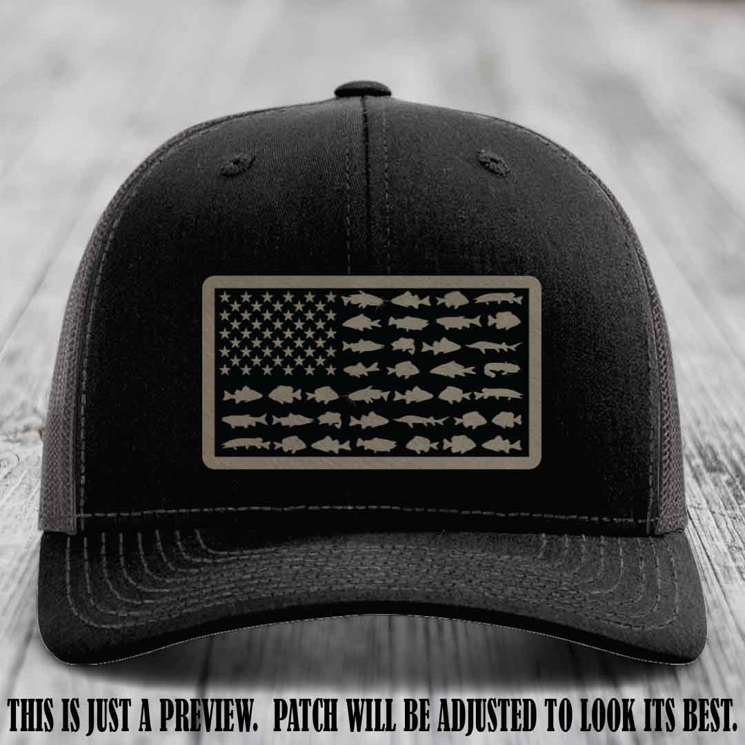 Stars & Stripes Angler 🇺🇸🐟 Light Brown to Black Patch Leather Patch Richardson 112 Hat on Black to Charcoal Hat