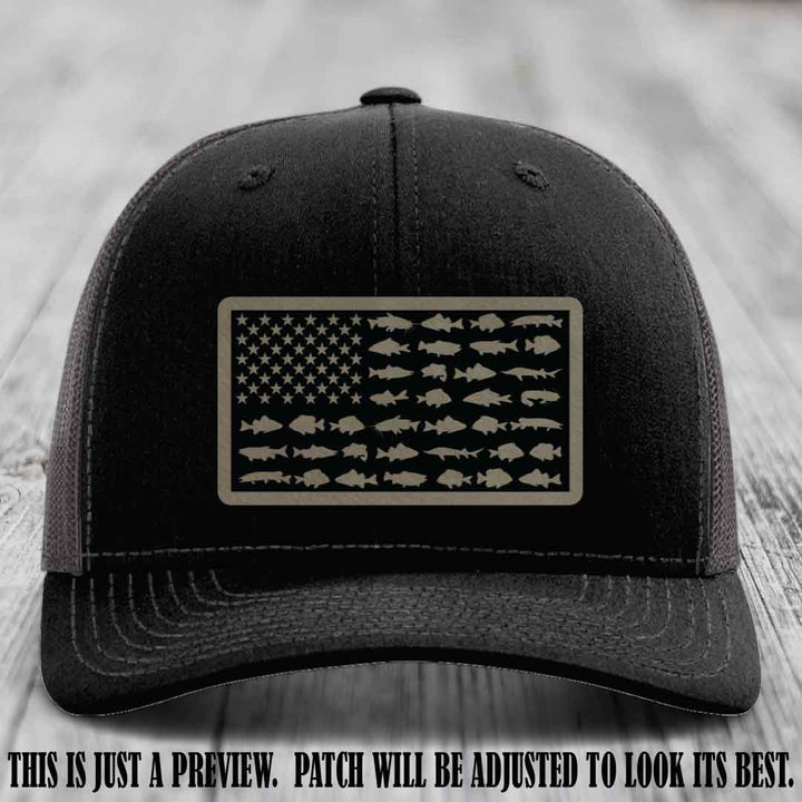 Stars & Stripes Angler 🇺🇸🐟 Light Brown to Black Patch Leather Patch Richardson 112 Hat on Black to Charcoal Hat