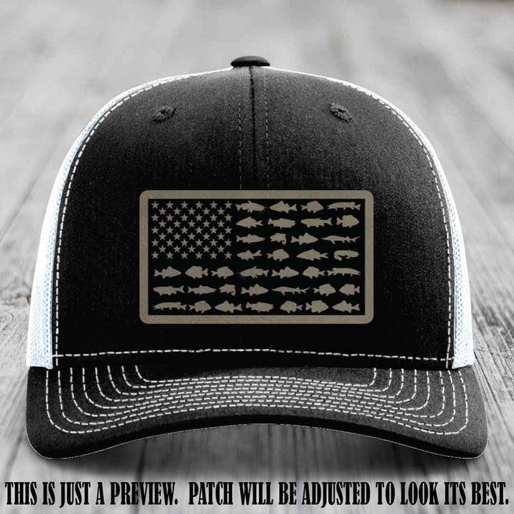Stars & Stripes Angler 🇺🇸🐟 Light Brown to Black Patch Leather Patch Richardson 112 Hat on Black to White Hat