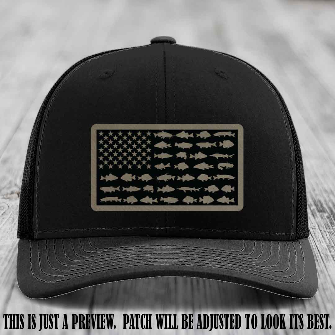 Stars & Stripes Angler 🇺🇸🐟 Light Brown to Black Patch Leather Patch Richardson 112 Hat on Black Hat