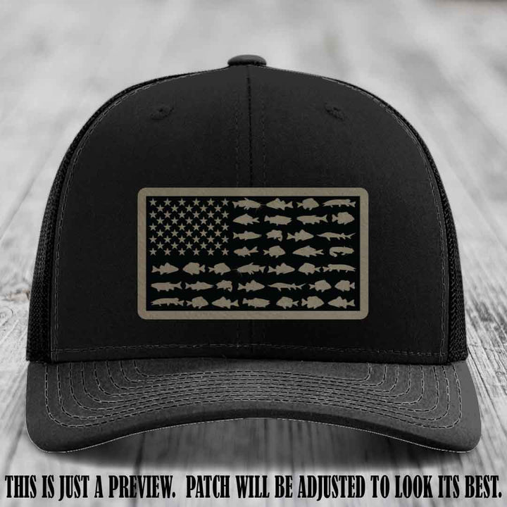 Stars & Stripes Angler 🇺🇸🐟 Light Brown to Black Patch Leather Patch Richardson 112 Hat on Black Hat