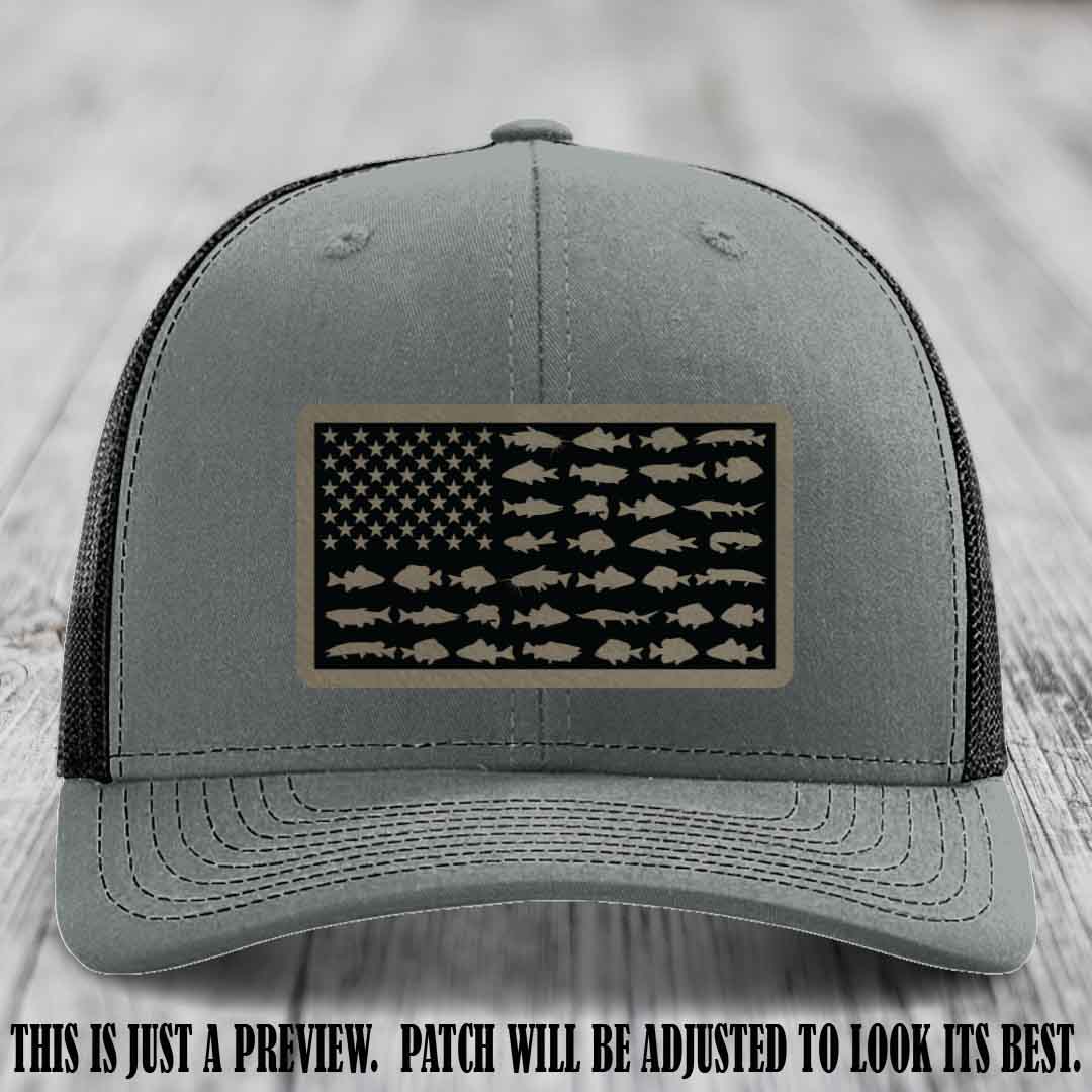 Stars & Stripes Angler 🇺🇸🐟 Light Brown to Black Patch Leather Patch Richardson 112 Hat on Heather Grey to Black Hat