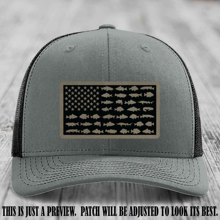 Stars & Stripes Angler 🇺🇸🐟 Light Brown to Black Patch Leather Patch Richardson 112 Hat on Heather Grey to Black Hat