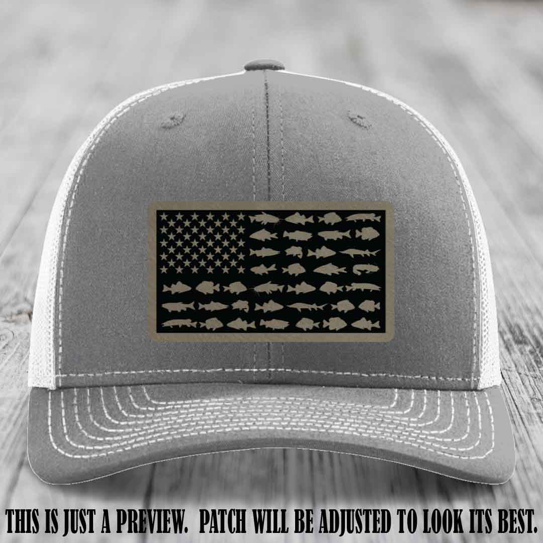 Stars & Stripes Angler 🇺🇸🐟 Light Brown to Black Patch Leather Patch Richardson 112 Hat on Heather Grey to White Hat