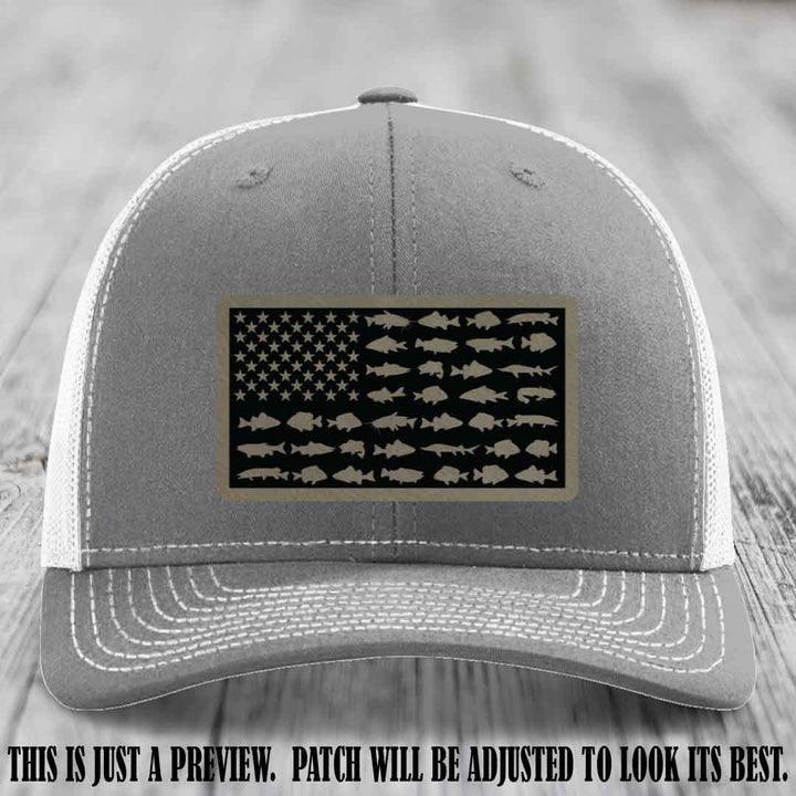 Stars & Stripes Angler 🇺🇸🐟 Light Brown to Black Patch Leather Patch Richardson 112 Hat on Heather Grey to White Hat