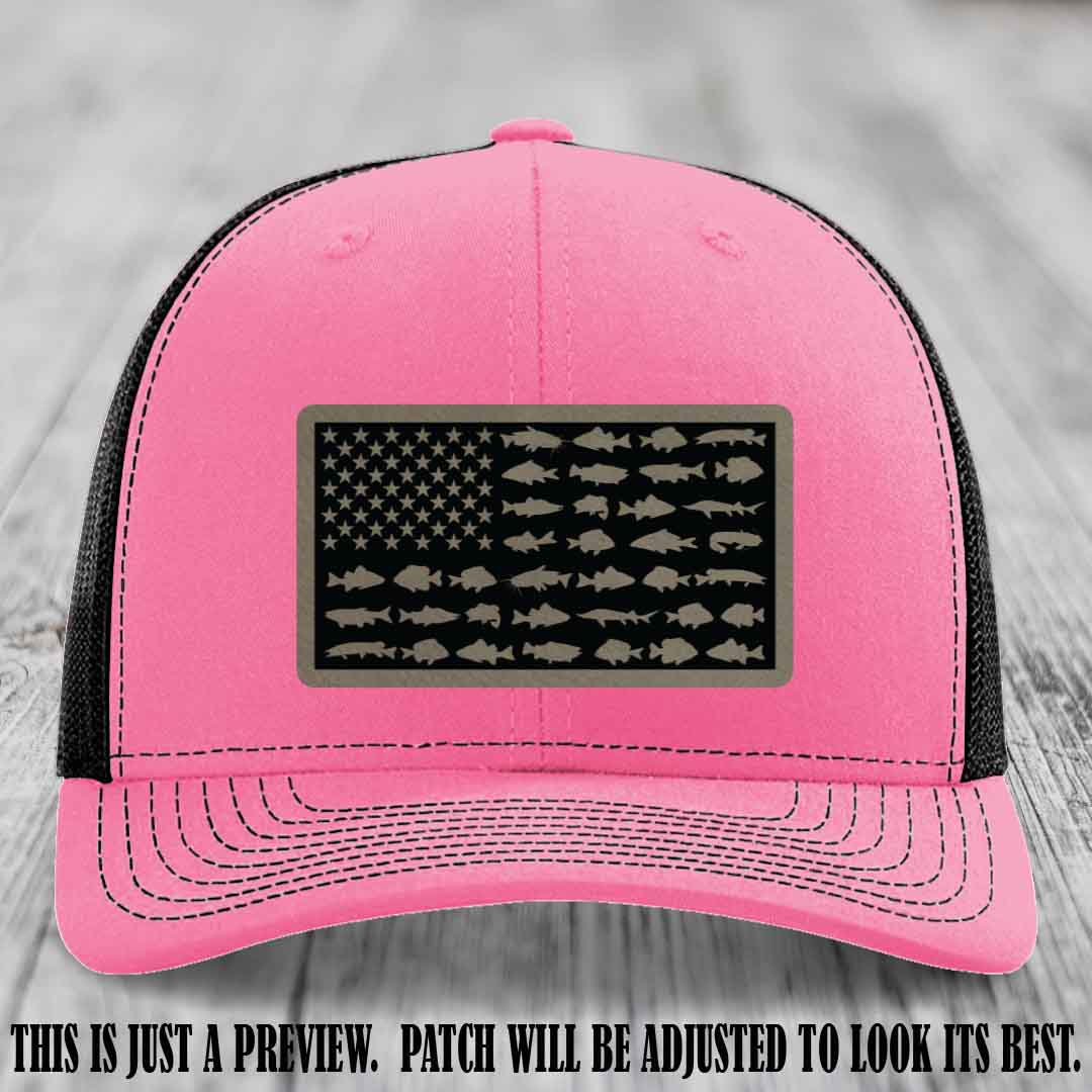 Stars & Stripes Angler 🇺🇸🐟 Light Brown to Black Patch Leather Patch Richardson 112 Hat on Hot Pink to Black Hat