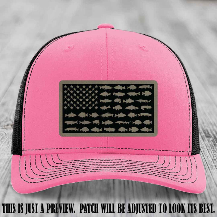 Stars & Stripes Angler 🇺🇸🐟 Light Brown to Black Patch Leather Patch Richardson 112 Hat on Hot Pink to Black Hat