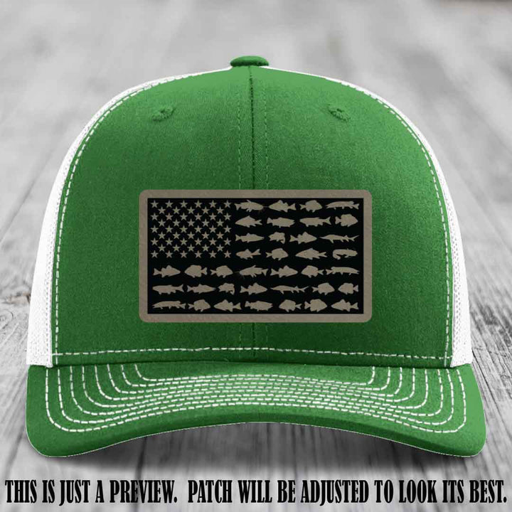 Stars & Stripes Angler 🇺🇸🐟 Light Brown to Black Patch Leather Patch Richardson 112 Hat on Kelly to White Hat
