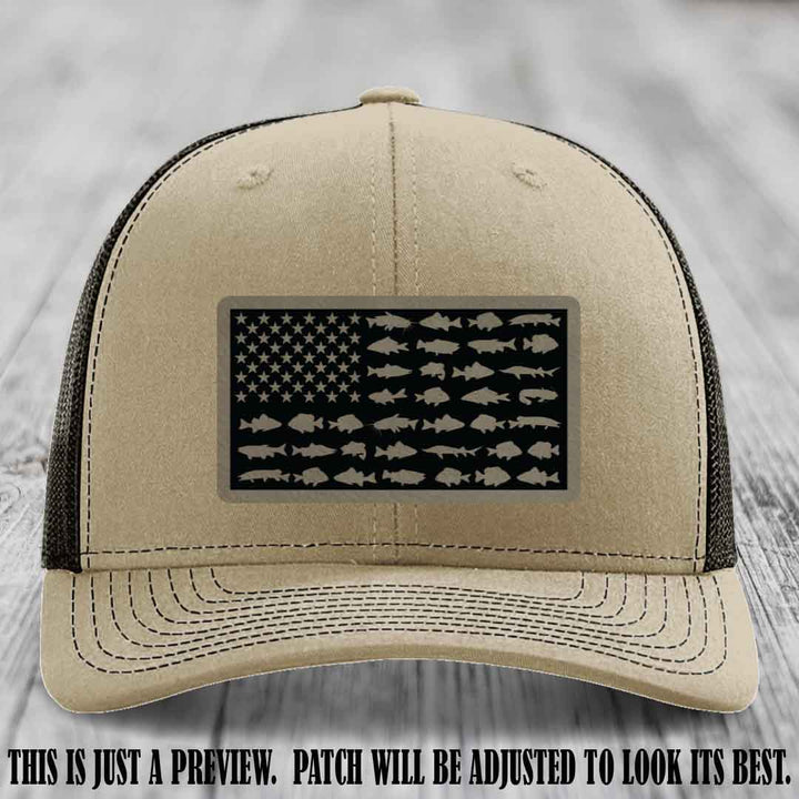 Stars & Stripes Angler 🇺🇸🐟 Light Brown to Black Patch Leather Patch Richardson 112 Hat on Khaki to Coffee Hat