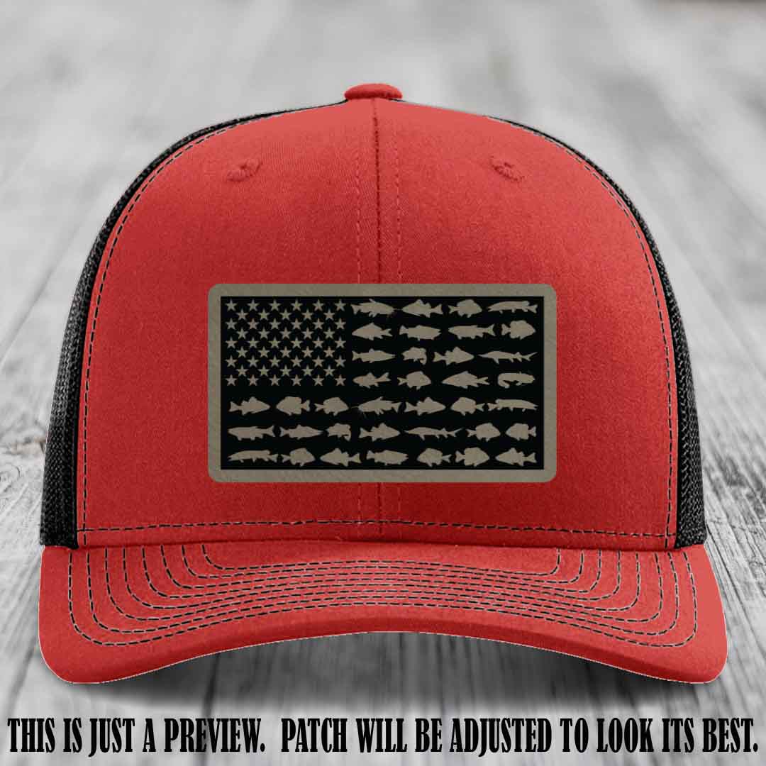 Stars & Stripes Angler 🇺🇸🐟 Light Brown to Black Patch Leather Patch Richardson 112 Hat on Red to Black Hat