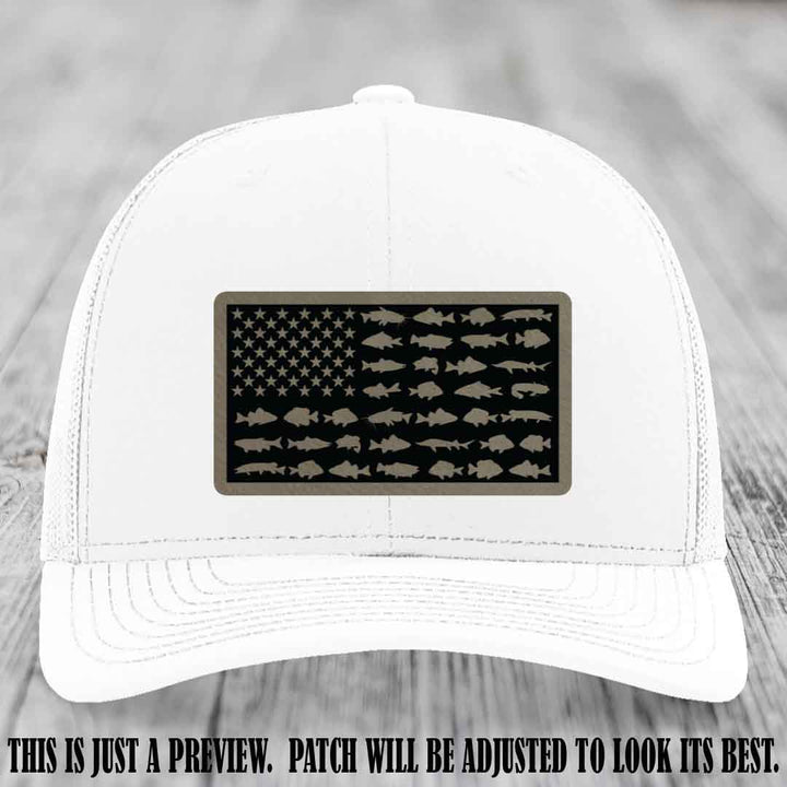 Stars & Stripes Angler 🇺🇸🐟 Light Brown to Black Patch Leather Patch Richardson 112 Hat on White Hat
