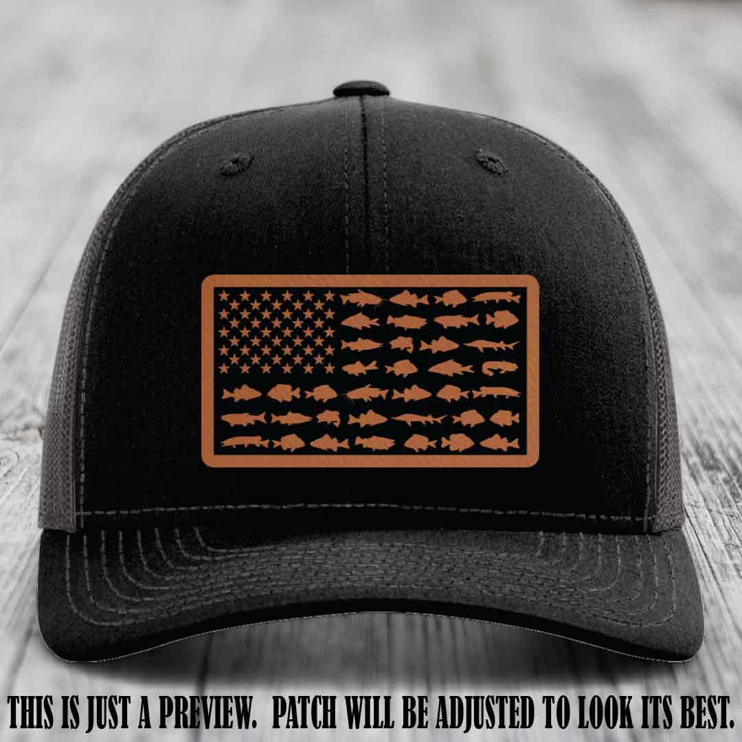 Stars & Stripes Angler 🇺🇸🐟 Rawhide to Black Patch Leather Patch Richardson 112 Hat on Black to Charcoal Hat