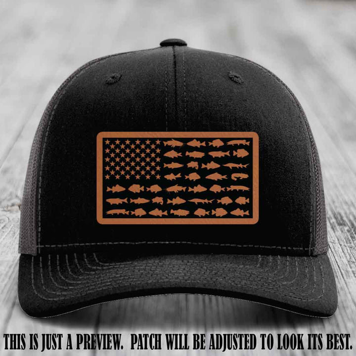 Stars & Stripes Angler 🇺🇸🐟 Rawhide to Black Patch Leather Patch Richardson 112 Hat on Black to Charcoal Hat