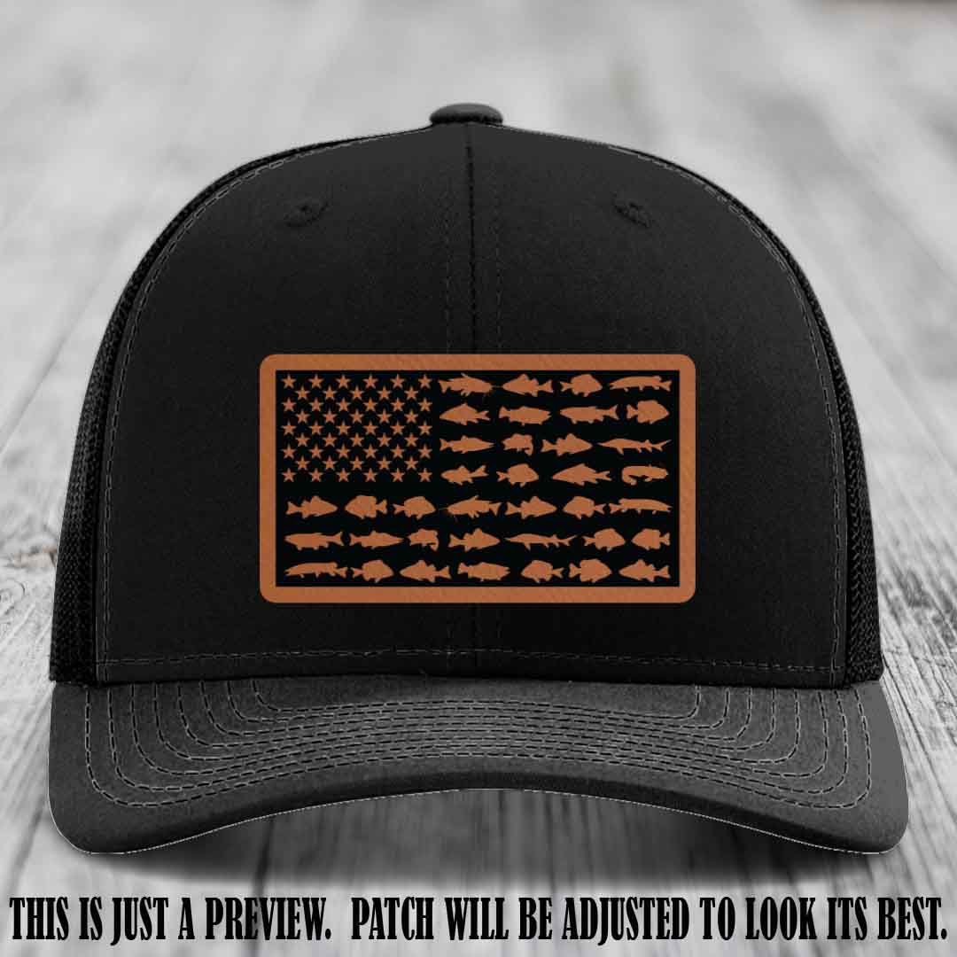 Stars & Stripes Angler 🇺🇸🐟 Rawhide to Black Patch Leather Patch Richardson 112 Hat on Black Hat