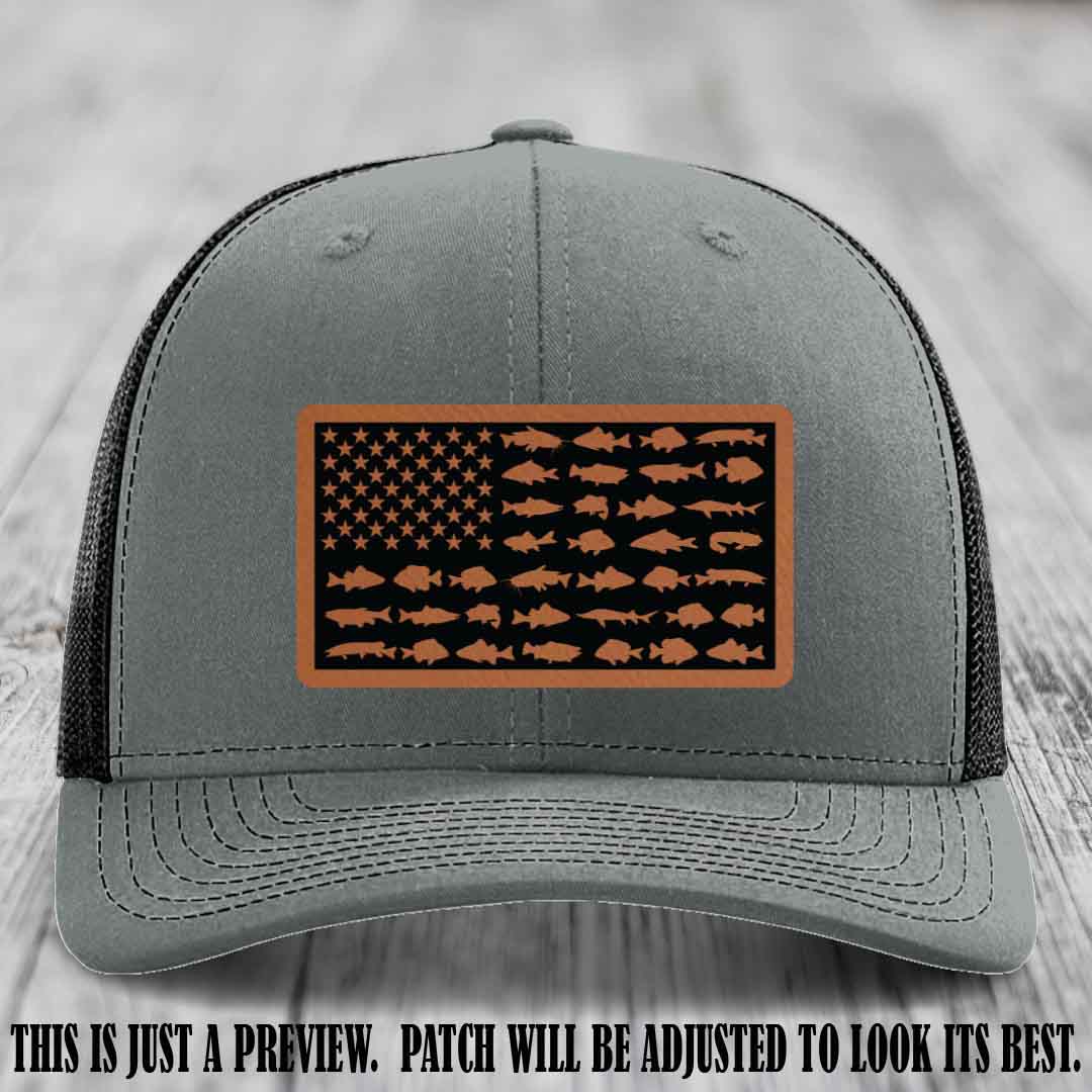 Stars & Stripes Angler 🇺🇸🐟 Rawhide to Black Patch Leather Patch Richardson 112 Hat on Heather Grey to Black Hat