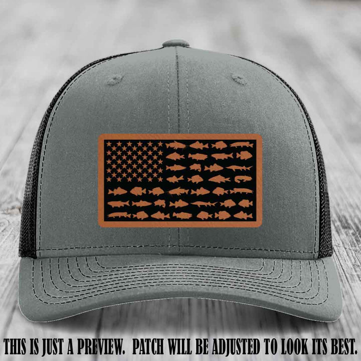 Stars & Stripes Angler 🇺🇸🐟 Rawhide to Black Patch Leather Patch Richardson 112 Hat on Heather Grey to Black Hat