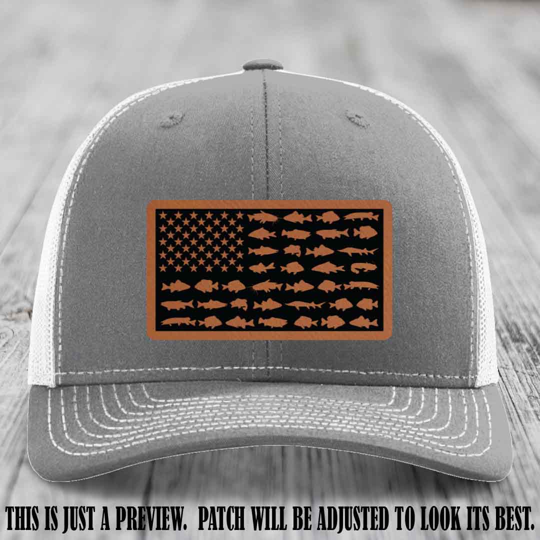 Stars & Stripes Angler 🇺🇸🐟 Rawhide to Black Patch Leather Patch Richardson 112 Hat on Heather Grey to White Hat