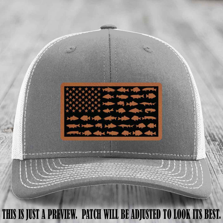 Stars & Stripes Angler 🇺🇸🐟 Rawhide to Black Patch Leather Patch Richardson 112 Hat on Heather Grey to White Hat