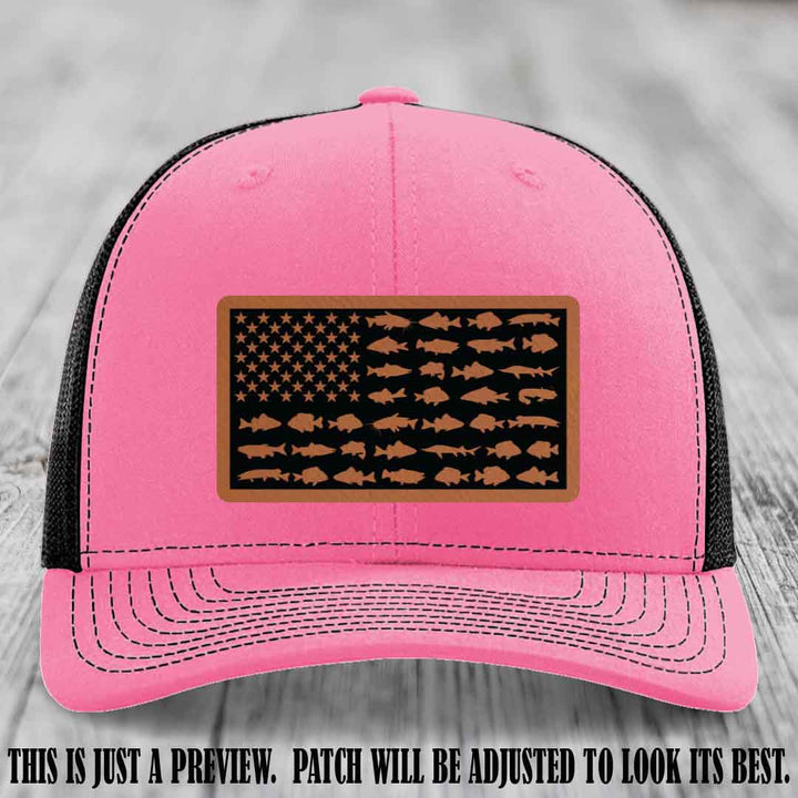 Stars & Stripes Angler 🇺🇸🐟 Rawhide to Black Patch Leather Patch Richardson 112 Hat on Hot Pink to Black Hat