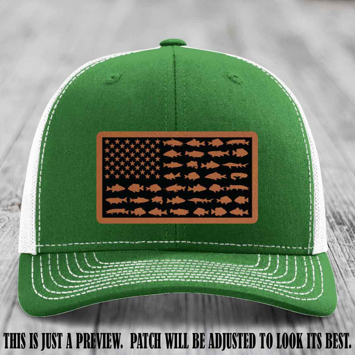 Stars & Stripes Angler 🇺🇸🐟 Rawhide to Black Patch Leather Patch Richardson 112 Hat on Kelly to White Hat