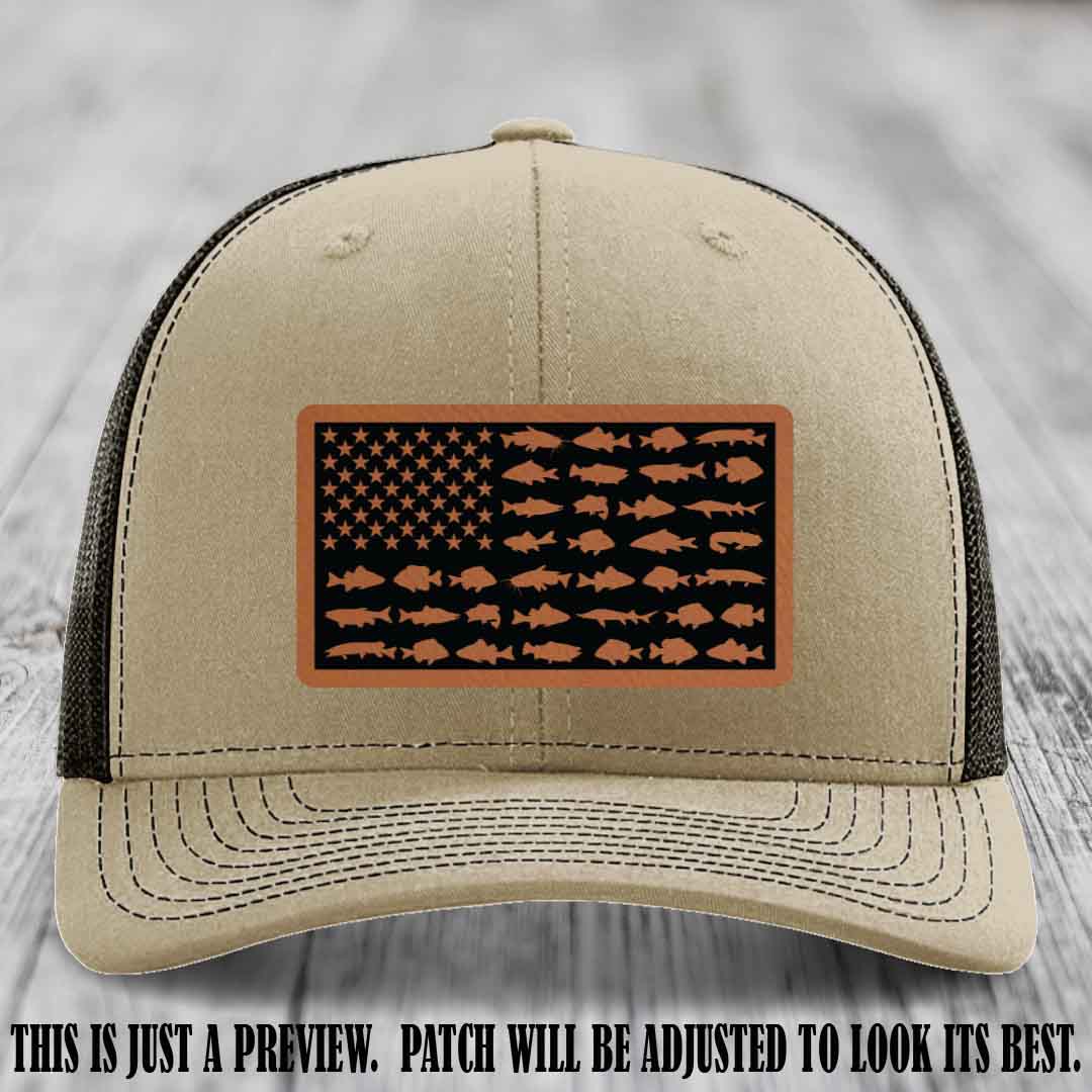 Stars & Stripes Angler 🇺🇸🐟 Rawhide to Black Patch Leather Patch Richardson 112 Hat on Khaki to Coffee Hat