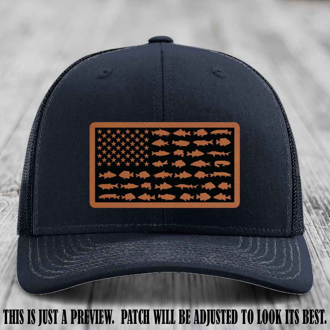 Stars & Stripes Angler 🇺🇸🐟 Rawhide to Black Patch Leather Patch Richardson 112 Hat on Navy Hat