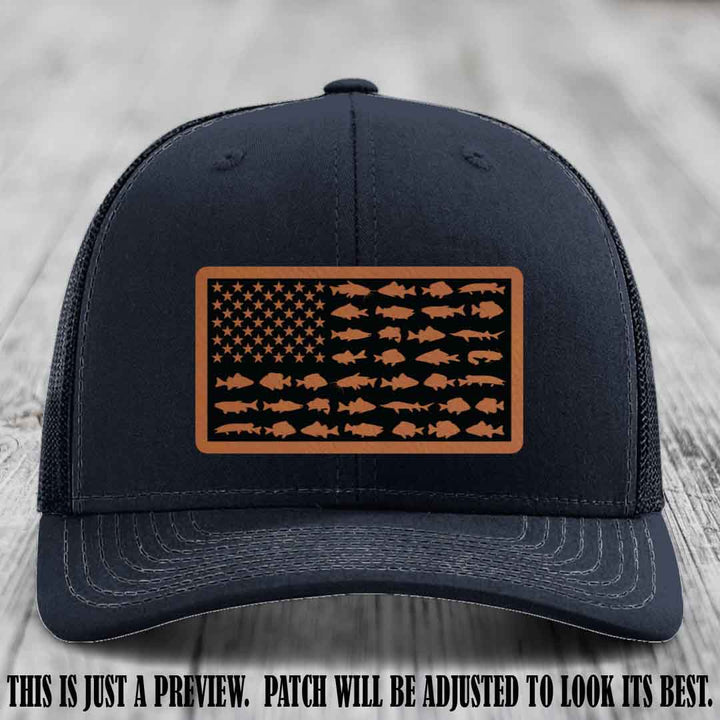 Stars & Stripes Angler 🇺🇸🐟 Rawhide to Black Patch Leather Patch Richardson 112 Hat on Navy Hat