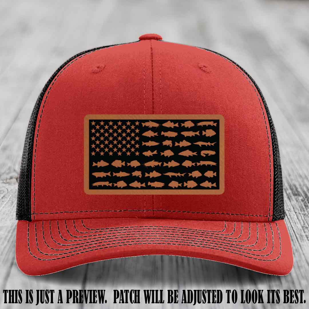 Stars & Stripes Angler 🇺🇸🐟 Rawhide to Black Patch Leather Patch Richardson 112 Hat on Red to Black Hat