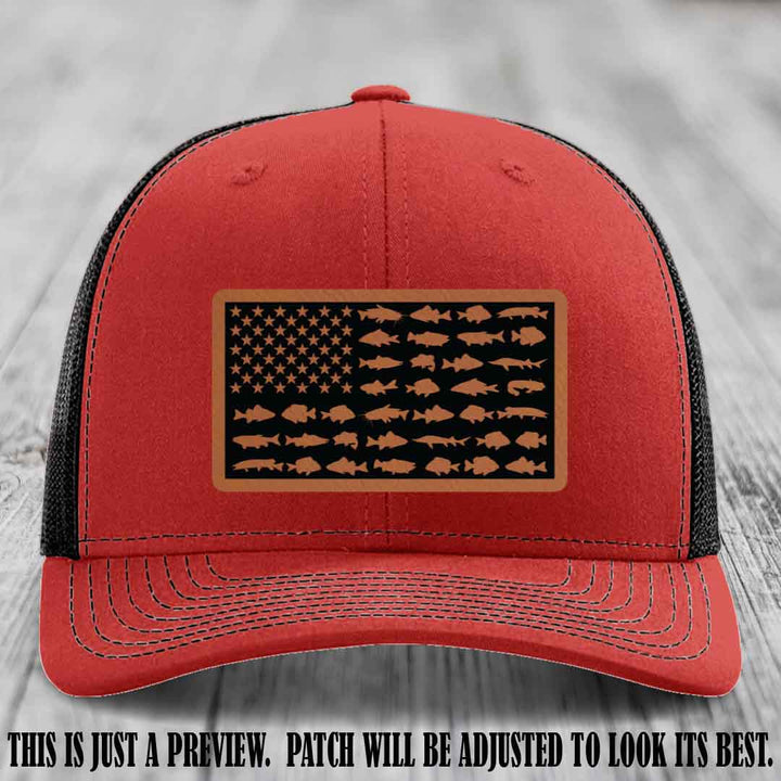 Stars & Stripes Angler 🇺🇸🐟 Rawhide to Black Patch Leather Patch Richardson 112 Hat on Red to Black Hat