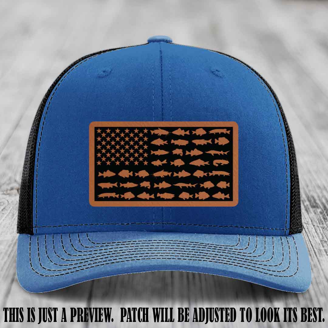 Stars & Stripes Angler 🇺🇸🐟 Rawhide to Black Patch Leather Patch Richardson 112 Hat on Royal to Black Hat