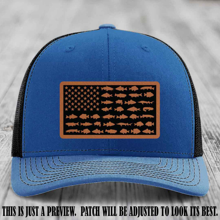 Stars & Stripes Angler 🇺🇸🐟 Rawhide to Black Patch Leather Patch Richardson 112 Hat on Royal to Black Hat