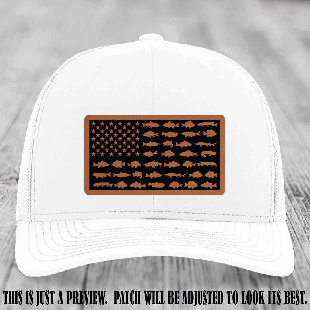 Stars & Stripes Angler 🇺🇸🐟 Rawhide to Black Patch Leather Patch Richardson 112 Hat on White Hat