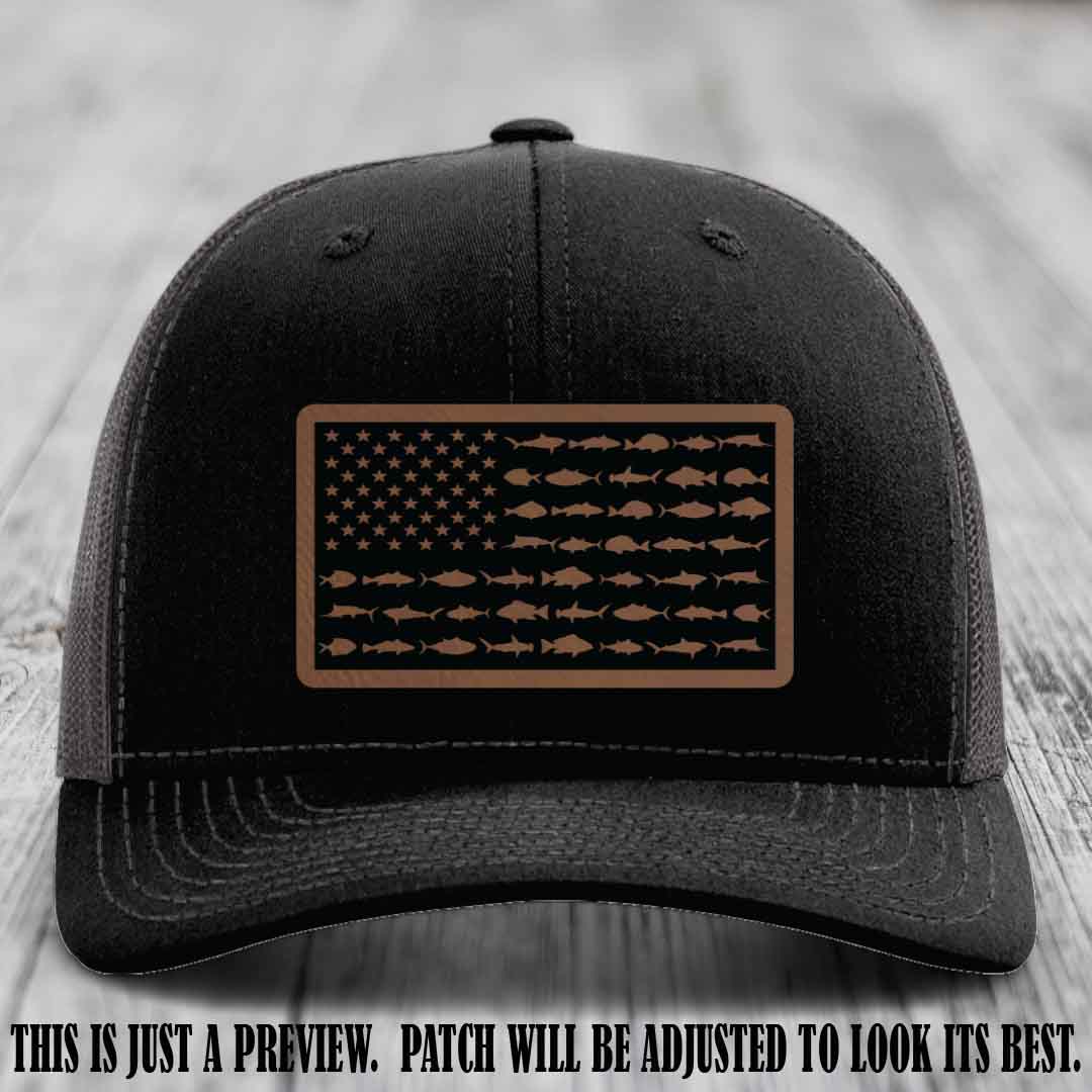 Stars & Stripes Fishing Dark Brown to Black Patch Leather patch on Black to Charcoal Hat Richardson 112 custom trucker hat