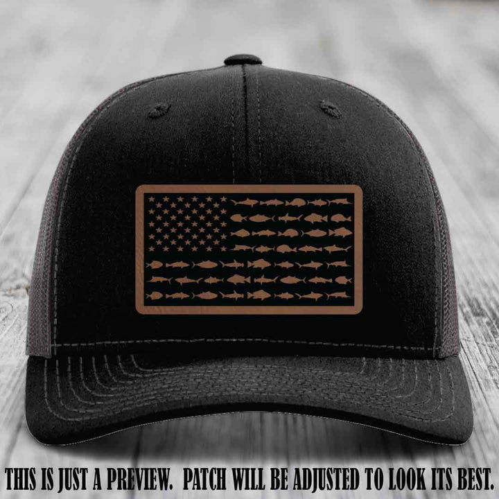 Stars & Stripes Fishing Dark Brown to Black Patch Leather patch on Black to Charcoal Hat Richardson 112 custom trucker hat