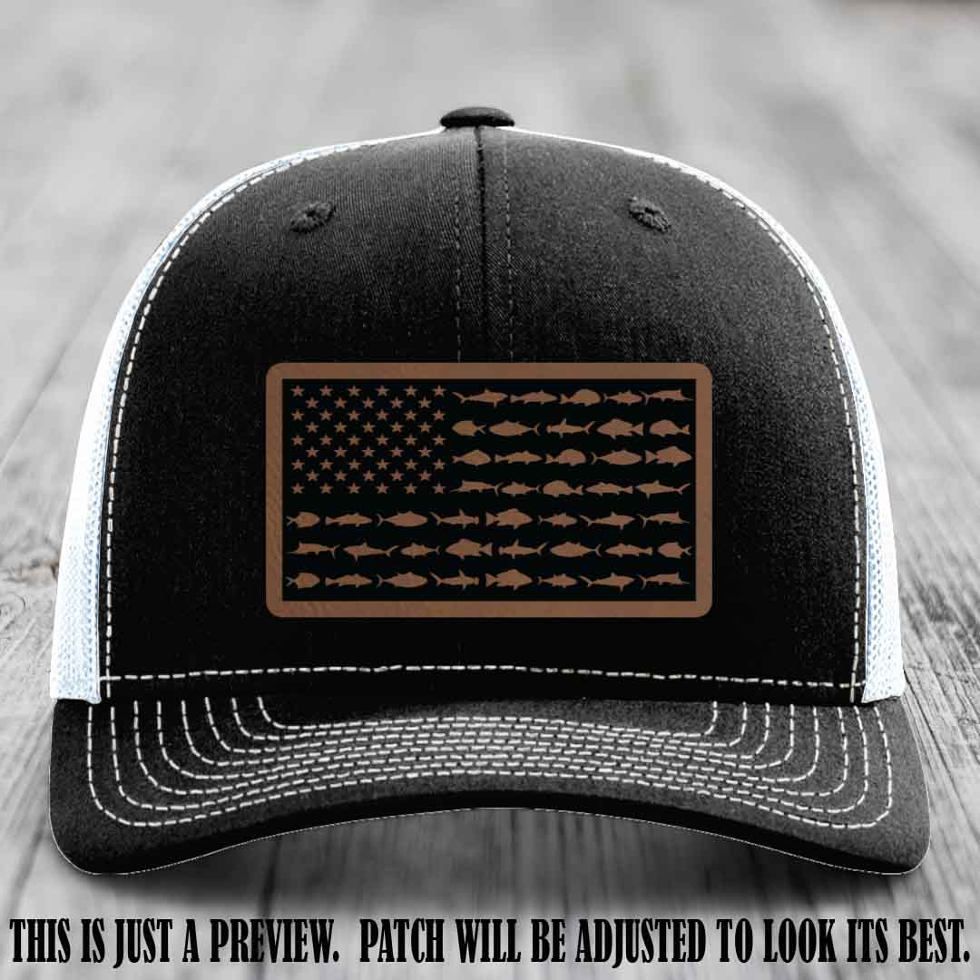 Stars & Stripes Fishing Dark Brown to Black Patch Leather patch on Black to White Hat Richardson 112 custom trucker hat