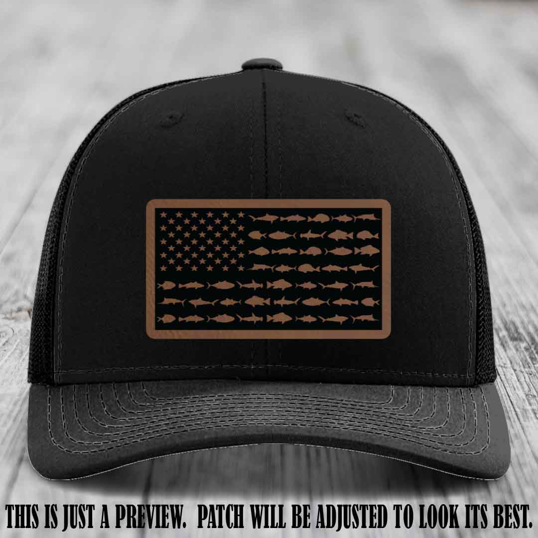 Stars & Stripes Fishing Dark Brown to Black Patch Leather patch on Black Hat Richardson 112 custom trucker hat