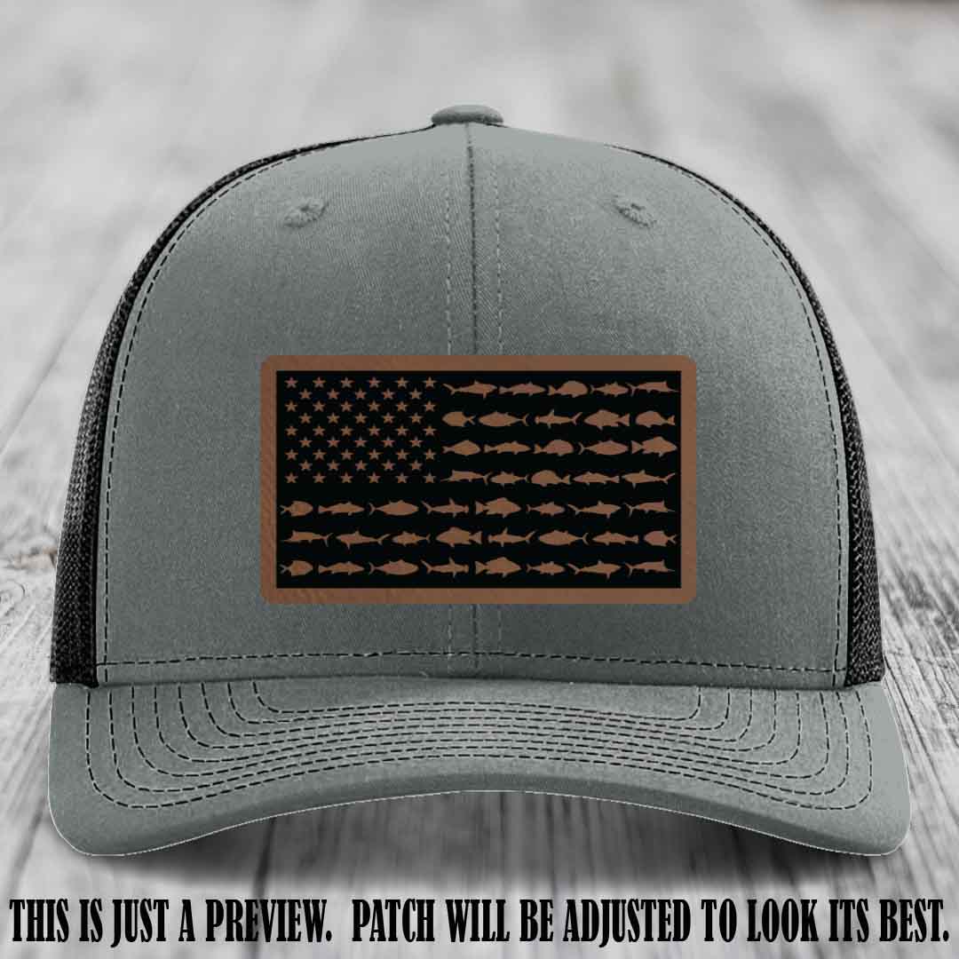 Stars & Stripes Fishing Dark Brown to Black Patch Leather patch on Heather Grey to Black Hat Richardson 112 custom trucker hat