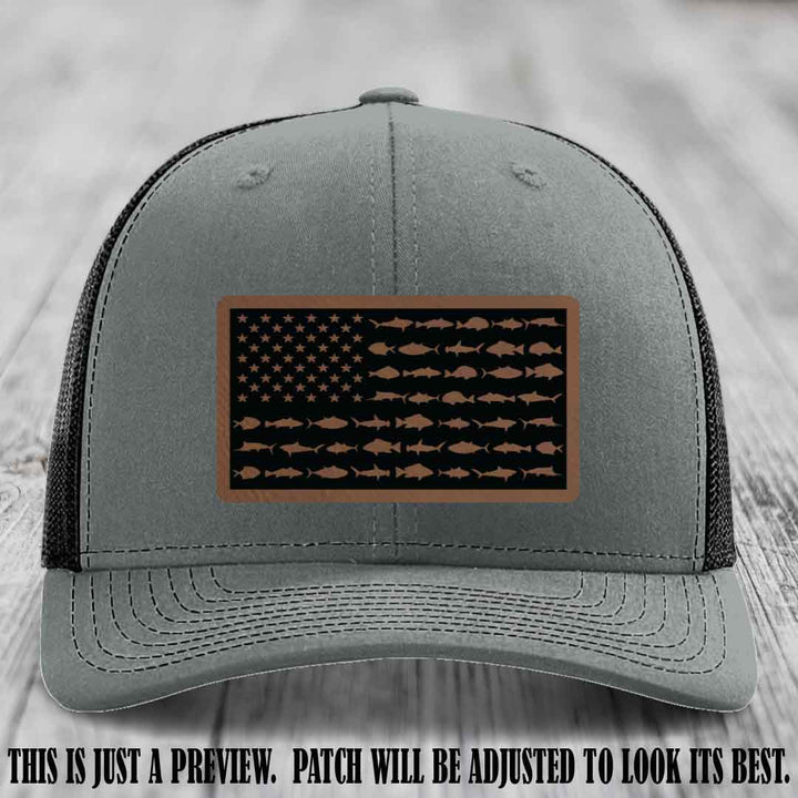 Stars & Stripes Fishing Dark Brown to Black Patch Leather patch on Heather Grey to Black Hat Richardson 112 custom trucker hat